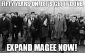 John Hume, Mayor Albert Anderson and Eddie McAteer lead hundreds of fellow citizens to Stormont on February 18, 1965, to protest at the rejection of Derry as a site for a second university for Northern Ireland. The image features in a burgeoning  campaign calling for the expansion of Magee 50 years on.