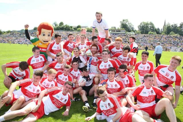 Derry players celebrate at the end of the 
Electric Ireland Ulster GAA Football Minor Championship Final in Clones. (
Picture by Andrew Paton / PressEye)