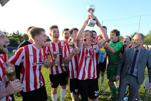 Derry City U19 captain Ciaran Harkin celebrates with team members. The Derry City U17s made it two Foyle Cup victories for the Brandywell side while Derry Colts made it a clean sweep with victory in the Under-16 final.