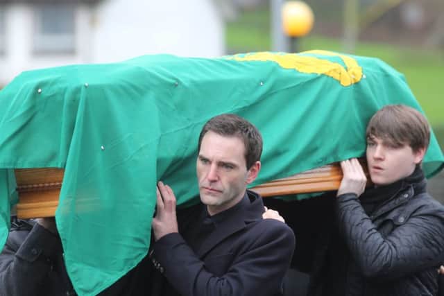 Pictured at the front is pop star Johnny McDaid carrying the coffin at the funeral of veteran Civil Rights activist Paddy 'Bogside' Doherty. Mandatory Credit Photo Lorcan Doherty / Presseye.com.
