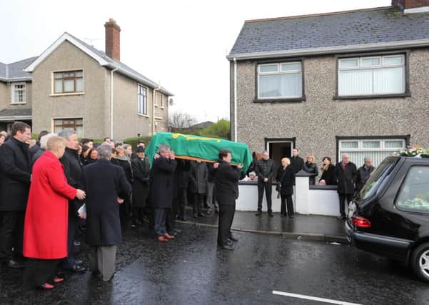 The funeral of veteran Civil Rights activist Paddy 'Bogside' Doherty prepares to leave his home at Westland Street on Sunday morning.