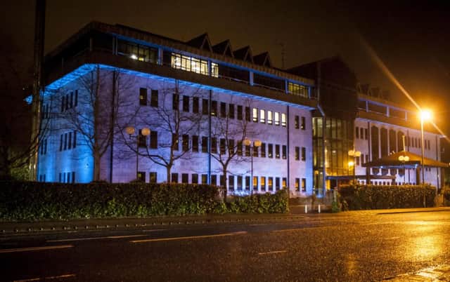CERVICAL AWARE. . . .The Council Offices, Strand Roac pictured on Monday evening after the teal-coloured lights were switched on to mark Cervical Smear Awareness Month (January).