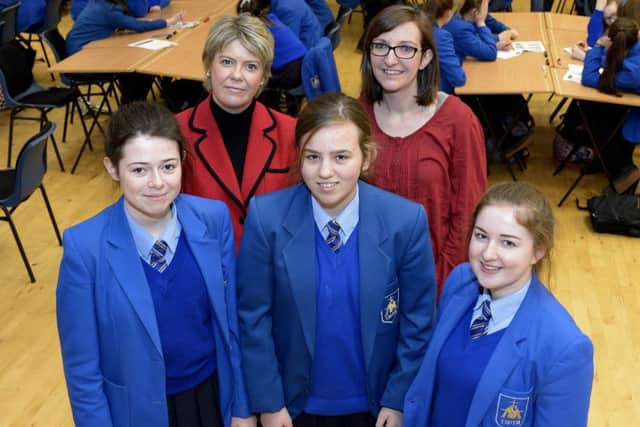 Pictured at the Seagate Design Culture TECH event at St Marys College Derry are, from left, Jessie Fryer, Ms Rosie McLaughlin Vice-Principal St Marys College, Nicole Campbell, Dr Rachel McDermott Culture TECH and Beth Kincaid.  DER0216GS011
