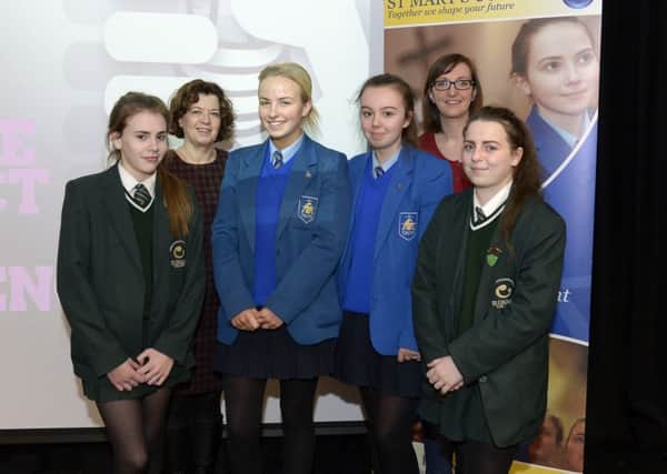 Pictured at the Seagate Design Culture TECH event at St Marys College Derry are, from left, Niamh Hawes (St Cecilias College), June Coates (Seagate Technology Springtown), Mallaidh Duffy (St Marys College),Meghan ODoherty (St Marys College), Dr Rachel McDermott (Culture TECH) and Molly Blaney (St Cecilias College).   DER0216GS009