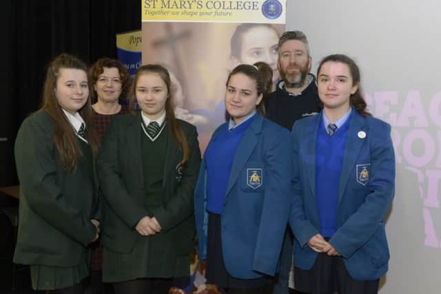 Pictured at the Seagate Design Culture TECH event at St Marys College Derry are, from left, Megan McKinney (St Cecilias College), June Coates (Seagate Technology Springtown), Lauren Browne (St Cecilias College), Kerri Connolly (St Marys College), Conor Doherty (Culture TECH) and Dearbhla Mooney (St Marys College).  DER0216GS010
