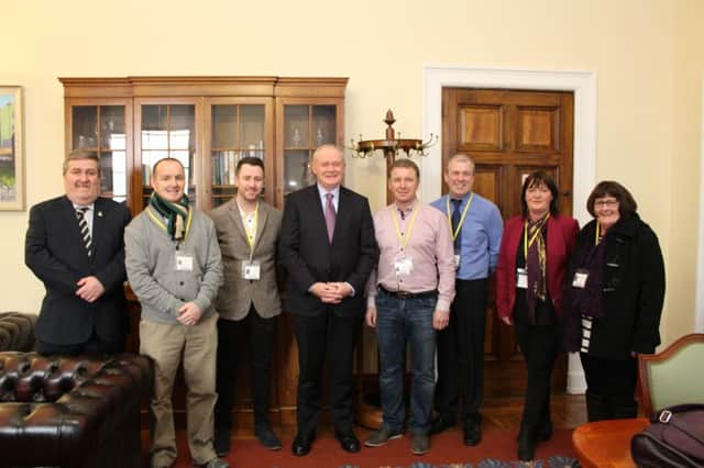 Group from the Dungiven leisure centre lobby group who met with Martin McGuinness MLA, centre, and Cathal O hOisÃ­n MLA, far left, at Stormont on Tuesday. Included are Kieran McKeever, chair, Mary Cooke, St Canice's Ladies, Paul McCloskey, boxer, Seamus Harkin, Dungiven Celtic, Eugene Henry, Kevin Lynch's CLG, and Patsy Donaghy, St Patrick's Camogie Club.