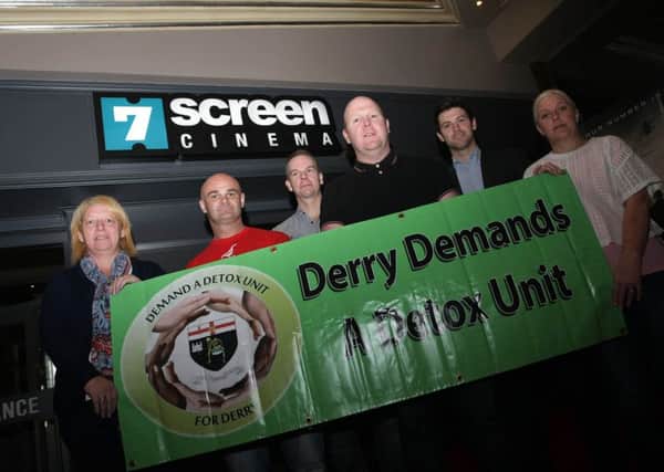 Group pictured some time ago at the  launch of the Derry Detox Documentary, which showcased the need for a facility in Derry and the crisis facing the city, at Brunswick Moviebowl.  From left are: Monica McClements, Detox Campaigner, Dee Robson, UNITE Community Membership 'Sports Against Suicide', Gavin Patton, Filmmaker, former Derry-Strabane Councillor Dee Quigley (who has since moved abroad), Patrick Simpson, Brunswick Superbowl and Majella McDaid, Detox Campaigner. DER1615MC0113