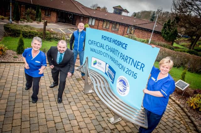 Pictured at the launch of the Walled City Marathon/Foyle Hospice Charity Partnership are Gerry Lynch, representing the Walled City Marathon Committee, Foyle Hospice Staff Nurses Marion ODonnell and Noella McDaid and Hospice CEO Donall Henderson