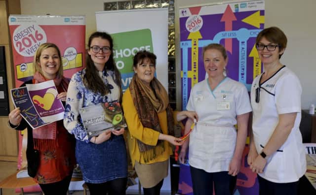 Western Trust Health Improvement Department Obesity Week Roadshow at Altnagelvin Hospital from left to right: Lesley Finlay, Physical Activities Coordinator; Fionnuala Conwell, Student Nutritionist, Health Improvement; Carol Doherty, Demographic Nutritionist, Community Food and Nutrition Team; Podiatrists, Noela Mullan and Katherine Buchanan.