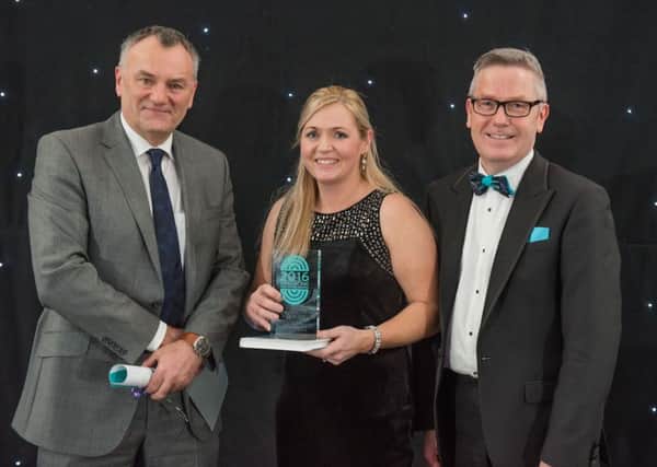 Western Trust Principal Occupational Therapist, Lisa Campbell pictured receiving the first Leckey Award for AHPs in Childrens Services in the 2016 Advancing Healthcare Awards NI.