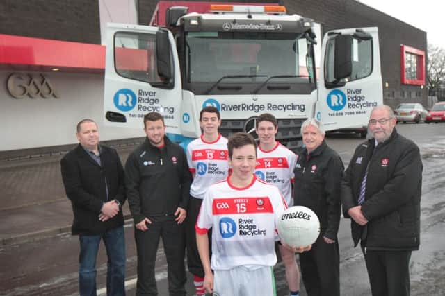 Pictured at the launch of Derry's new partnership with River Ridge Recycling are (l-r) Eamon Doherty, Financial Director River Ridge, Chris Collins, Derry Games Development Manager, Derry director of football, Brian McIver, Derry GAA chairperson, Brian Smith and development squad players Conal Logan (13), Jason McVey (15) and Peter Tohill (14). Photo credit: Margaret McLaughlin.