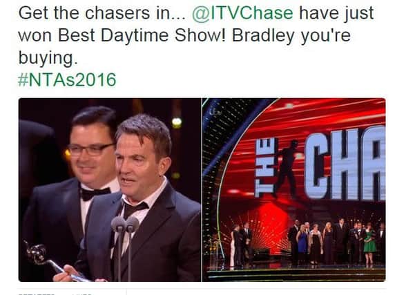 ITV's tweet about The Chase's success. Pictured is Michael Kelpie with presenter Bradley Walsh