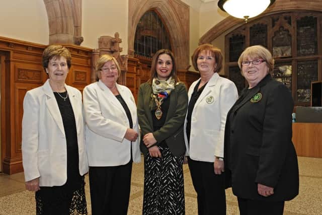 Anne Gallagher (Secretary), Angela Morrison (Treasurer), the Mayor of Derry and Strabane Colr Elisha McCallion, Ursula Clifford (Co-ordinator) and Sheila Carlin (Musical Director) pictured at a reception held in the Guildhall for Colmcille Ladies Choir celebrating their 45th Anniversary. DER0316GS042