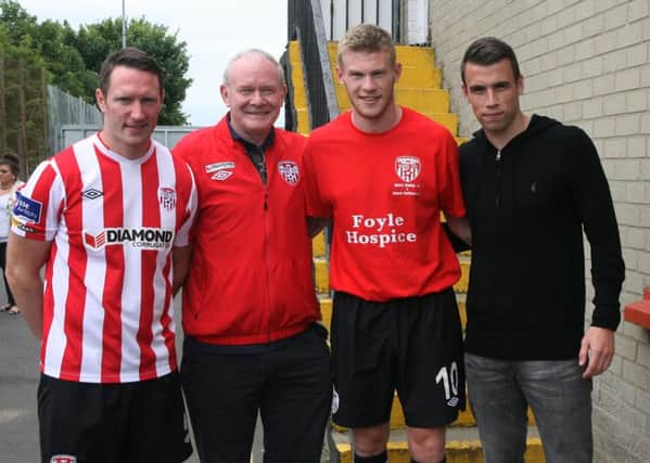 Everton star Seamus Coleman (far right) pictured at the Brandywell stadium with Deputy First Minister Martin McGuinness, Barry Molloy and West Brom and Ireland winger, James McClean ahead of Molloy's testimonial last year.