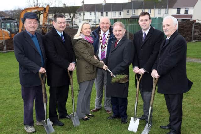 Social Development Minister Lord Morrow and the Deputy Mayor of Derry and Strabane District Council, Alderman Thomas Kerrigan, pictured with Thomas McKane, TD McKane, contractors, Alderman David Ramsey, Claire Russell, Manager, Irish Street Community Association, Gary Middleton, MLA, and Alderman Drew Thompson.
