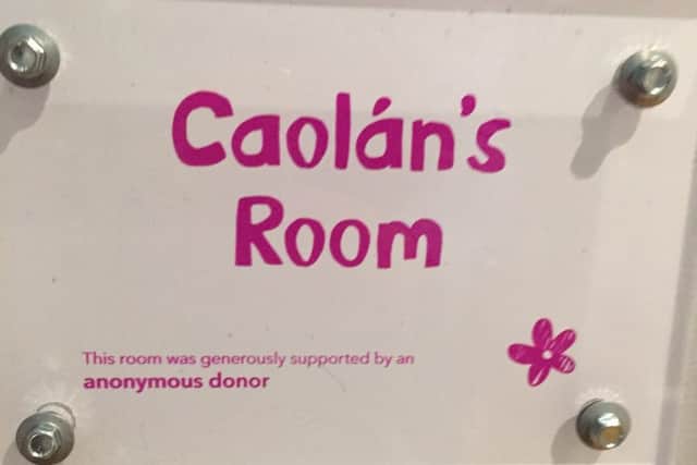 The sign outside the room dedicated to CaolÃ¡n McCrossan.