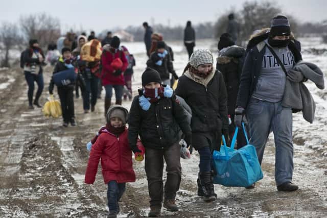 Migrants walk through snow from the Macedonian border into Serbia, near the village of Miratovac, Serbia. (AP Photo/Visar Kryeziu)