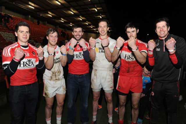 (From left) Dermot Mc Bride (Derry), Hugh Pat McGeary (Tyrone), Mark Lynch (Derry), Colm Cavanagh (Tyrone), Christopher McKaigue (Derry), Sean Cavanagh (Tyrone) unite following Saturday's
Bank of Ireland Dr. McKenna Cup final to highlight World Cancer Day on February 4th.