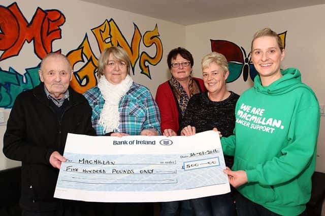Following a very successful fund raising coffee morning at Christ Church Limavady Lexi Stewart with friends Kathleen Mullan, Tina McCloskey and Pauline McGonigal presents a cheque for Â£500 Maria Small to Macmillan. INLV0516-006KDR