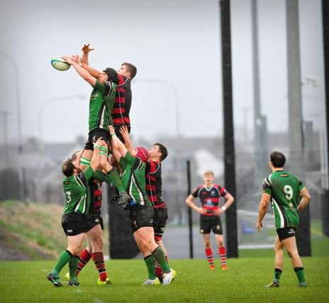 City of Derry win this line out during Saturday afternoon's AIL clash with Rainey at Hatrick Park.INMM0416-387