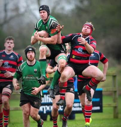 Rainey and City of Derry battle for the ball during last Saturday's AIL clash at played at Hatrick Park.INMM0416-386