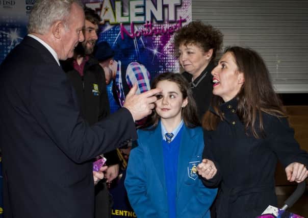 Deputy First Minister, Martin McGuinness pictured at Wednesday Talent Northwest launch in conversation with last years winner Abbie ONeill and her mum Amanda. In background is Minister for Department of Culture, Arts and Leisure, Caral Ni Chuilin.