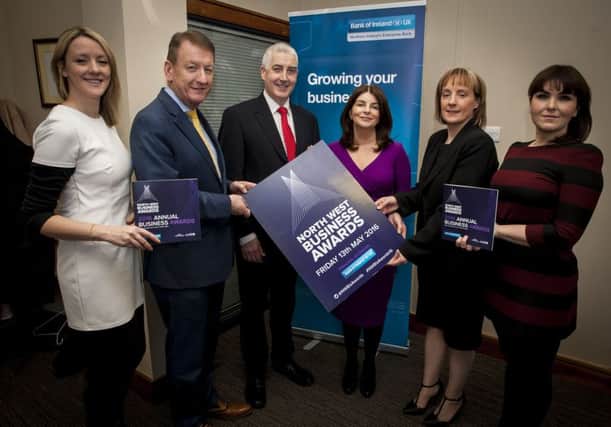BUSINESS AWARDS LAUNCH. . . .Group pictured at the launch of the North West Business Awards at Bank of Ireland, Strand Road on Friday morning. From left are Laveine OÃ¢Â¬"Donnell, Event Co-Ordinator, Chamber of Commerce; Jim Roddy, Chief Executive, CCI, Eugene Kearney, Commercial Branch Manager, Bank of Ireland, Sinead McLaughlin, Chief Executive, Chamber of Commerce; Christine Graham, Senior Business Manager, Bank of Ireland and Claire McDaid, Event Co-Ordinator, CCI. DER1604MC001