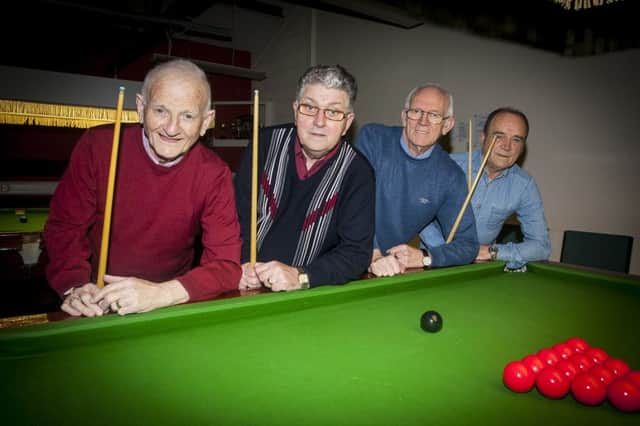 Creggan 'B', held 2-2 at home by St. Pat's, a setback to the Rath Mor team's title prospects in the North-West Veterans' Snooker League Section Two. From left Don Doherty, Eddie Gallagher, Harry McBride and Patsy McCauley. DER0316MC005