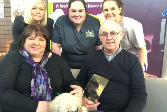 Sweep with owners Anne and Eamon McCloskey, and the team at All Creatures , including (back row, L-R): Joysclen Moore, receptionist; veterinary surgeon, Louise O'Hare and student veterinary nurse, Alix Cooper.