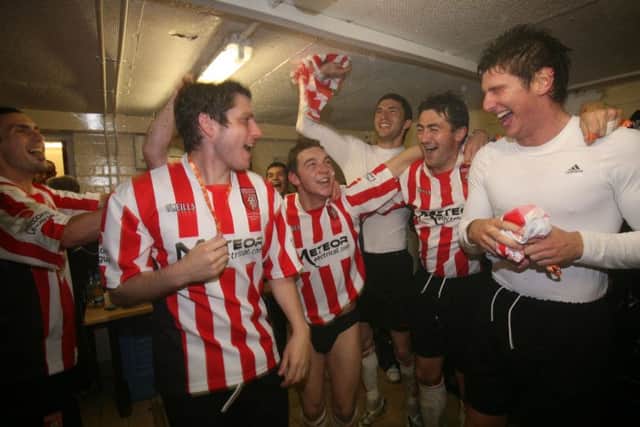 Mark Farren (far left) pictured with Derry City team mates, Ruardhi Higgins, Kevin Deery, Killian Brennan, Peter Hutton and Ken Oman celebratig in the changing rooms after Derry City's 1-0 League Cup final success against Bohemians in 2007.