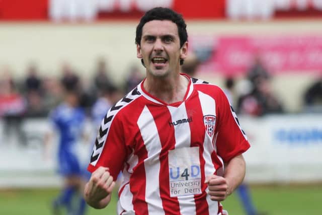 Mark Farren celebrates one of the many goals he scored at the Brandywell. 
Photo:Lorcan Doherty Photography.