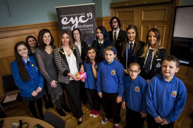 The Mayor of Derry City and Strabane District Council pictured at a previous European Youth Capital 19 event in the Guildhall with representatives from various primary and secondary schools throughout the north west. Included are Oonagh McGillion, Director of Legacy and Emma McLaughlin, EYC Officer, Derry City and Strabane District Council.