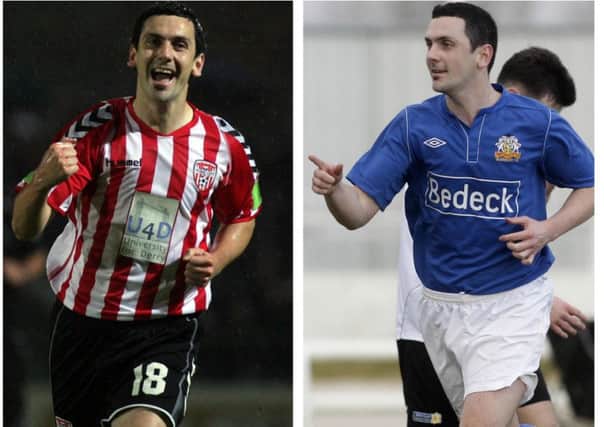 'A Goal Scoring Machine' - Mark Farren in the red and white of Derry City (left) and the blue of Glenavon F.C. Mark passed away aged 33 on Wednesday after an illness.