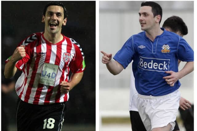 'A Goal Scoring Machine' - Mark Farren in the red and white of Derry City (left) and the blue of Glenavon F.C. Mark passed away aged 33 on Wednesday after an illness.