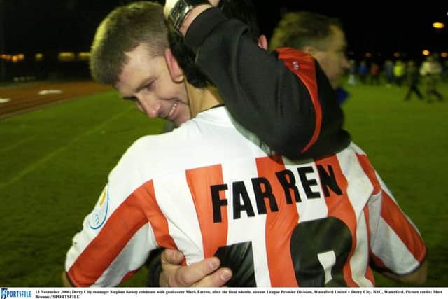 Stephen Kenny celebrate with goalscorer Mark Farren, after the final whistle as Derry defeat, Waterford United in 2006.