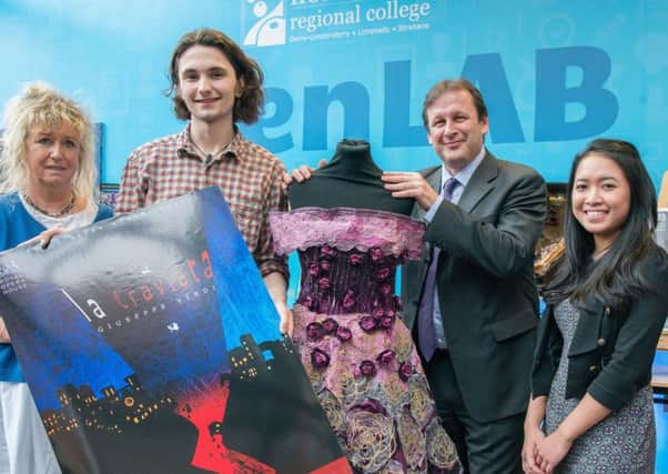 Pictured are Oisin Herron, who won first place for marketing strategy and graphic design and Tipsukon Cochrane who won first place for costume design with Sheila O'Brien Curriculem Manager for Art and Design at NWRC and Leo Murphy, Principal of NWRC.