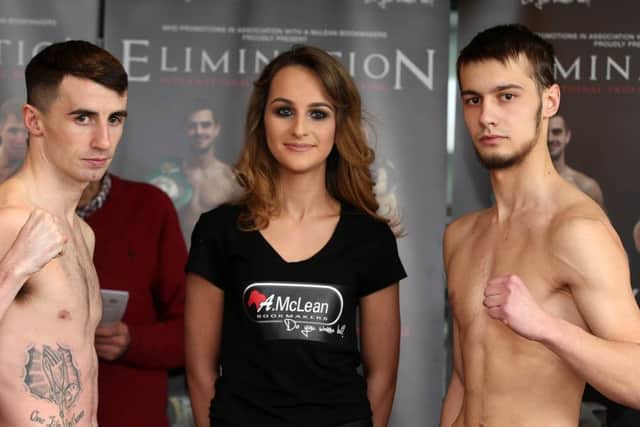 Tyrone McCullagh (left) and Anton Zaces during  Saturday night's McLean Bookmakers 'Elimination' International Professional Boxing weigh-in at the Europa Hotel.