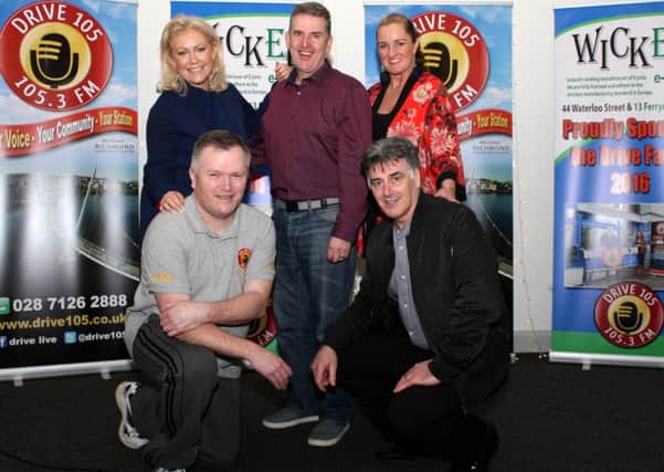Paul Doherty presenter of Drive Factor 2016 at front  with Felix Healy. AtbBack from left to right, Rikki T Drive 105 R presenter, Martin Mullan director of the Grove Amateur Variety Group and entertainer, Lana Campbell from one of the city's well known musical families.
--