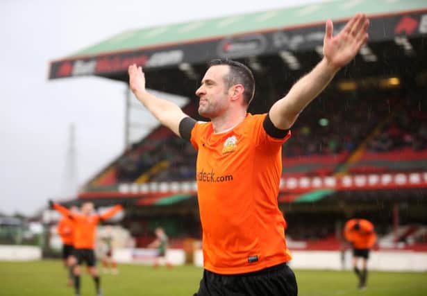 Ciaran Martyn celebrates after scoring a goal against Glentoran during Saturday's Tennents Irish Cup sixth round tie at the Oval - a goal he dedicated to his friend and former teammate Mark Farren. Picture by Brian Little/Presseye