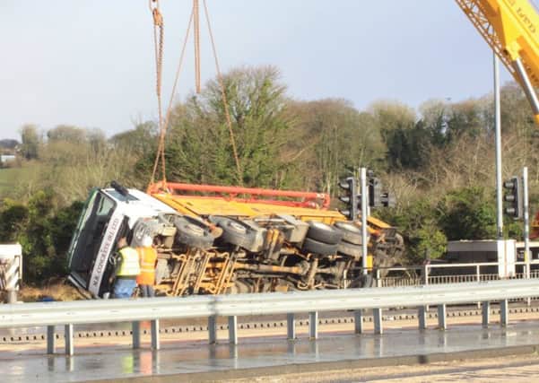 A photo of the overturned lorry at the bottom of the Skeoge Road. Photo: Simon Wells.