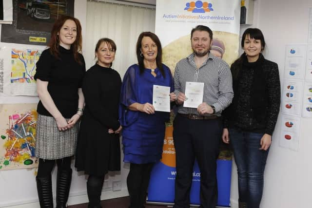 Margaret McClean (left) Autism Housing Float Support, Sinead Twomey Autism Housing and Development Manager, Hazel McClelland Housing Support Manager NIHE, Dale Mitchell Service Manager Autism Initiatives NI and Alicia Munoz-Herrero Autism Housing Float Support pictured at the relaunch of the Autism Initiatives Housing Floating Support for Adults with Autism in the Autism Initiatives NI offices Clooney Terrace.  DER0616GS051