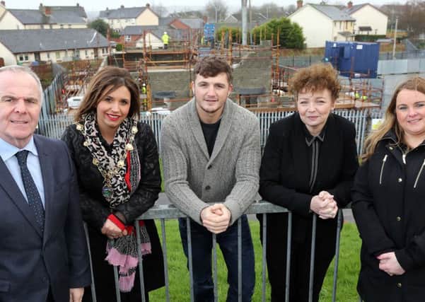 Culture Minister Caral N Chuiln with Raymond McCartney, MLA, Mayor of Derry City and Strabane District, Councillor Elisha McCallion, boxer Conor Coyle and Colr. Sandra Duffy, during a visit to view the construction works on the new premises at St. Joseph's Boxing Club, Galliagh, Derry. (Photo Lorcan Doherty Photography)