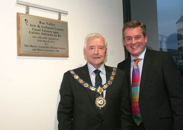 Former Mayor of Limavady Councillor Michael Carten with Mark Curruthers following the unveiling of the plaque at the official opening of the Roe Valley Arts Centre in March 2011.