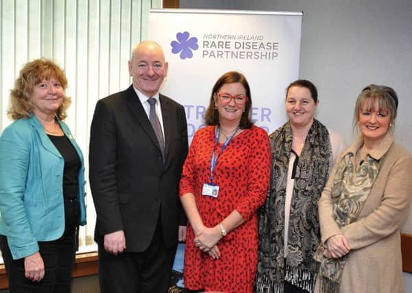 Pictured at the launch of the Foyle and North West Rare Disease Forum, in the MDEC Building at Altnagelvin Hospital on Wednesday last are Christine Collins Chair of the NIRDP, Mark Durkan MP, Dr Fiona Stewart MBE Consultant in Medical Genetics, Gina Grant from Our Childrens Voice Donegal  and Sandra Campbell Foyle and North West Forum.  The Forum will provide support and advocacy for people with rare diseases in the North West. DER0716GS056