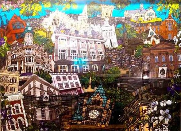 This eye-catching artwork by - featuring landmark buildings in the Walled City - was specially commissioned for display in the new hotel.