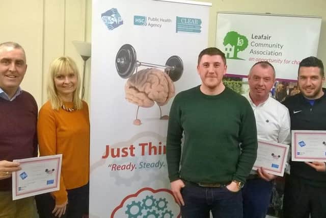Photo one (Left to Right)- Lexi McGuiness (Leafair Men`s Health Group) ,Carol Radcliff (CLEAR Project Coordinator) , Emmett Lynch (Just Think It- Facilitator), Andy Mc Veigh (Leafair Men`s Health) , Sean Friars (Leafair Health & Well-Being Coordinator).
