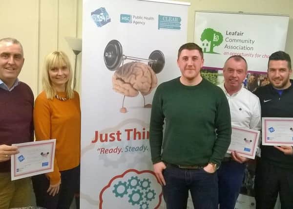 Photo one (Left to Right)- Lexi McGuiness (Leafair Men`s Health Group) ,Carol Radcliff (CLEAR Project Coordinator) , Emmett Lynch (Just Think It- Facilitator), Andy Mc Veigh (Leafair Men`s Health) , Sean Friars (Leafair Health & Well-Being Coordinator).