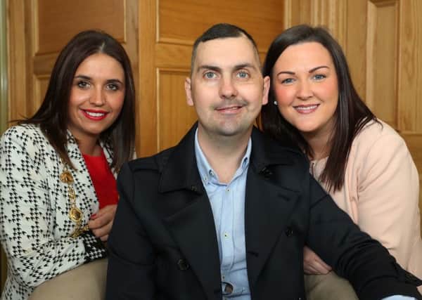 The Mayor of Derry City and Strabane District, Councillor Elisha McCallion with the late Mark Farren and his wife Terri Louise pictured at a civic reception last year. (Photo Lorcan Doherty Photography.)