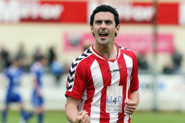 Mark Farren pictured celebrating a goal on May 28, 2010, during a Derry City v Waterford United game. (Photo Lorcan Doherty Photography.)