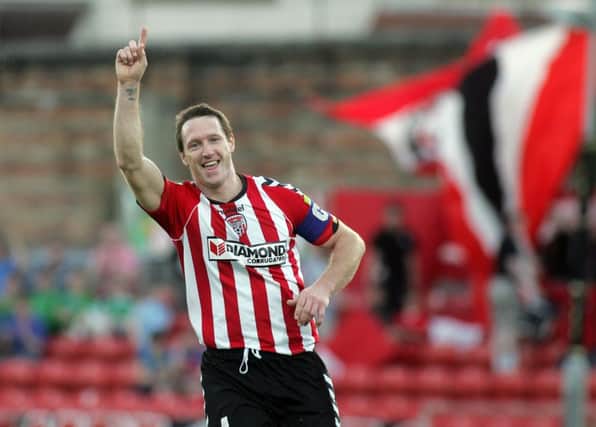 Â©/Lorcan Doherty Photography - May 25TH 2012. 

FAI Ford Cup Round 2. Derry City V Finn Harps.

Derry captain Barry Molloy celebrates his goal.

Photo Credit Lorcan Doherty Photography
